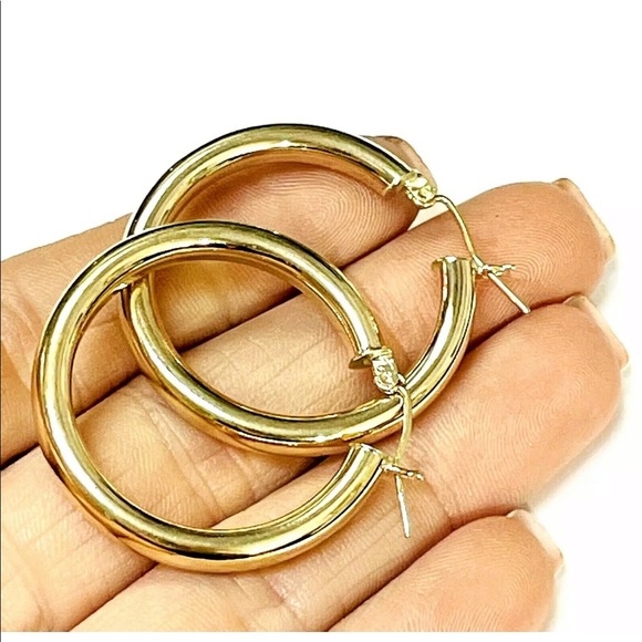 Shiny! Solid 10k Yellow Gold 1.25” 4mm Thick Tube Hoop Earrings - Picture 1 of 4